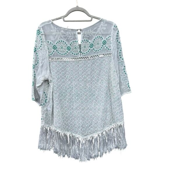 Floreat Anthropologie Cotton White Green Embroidered Fringe Tunic Blouse size 10 - Picture 4 of 9